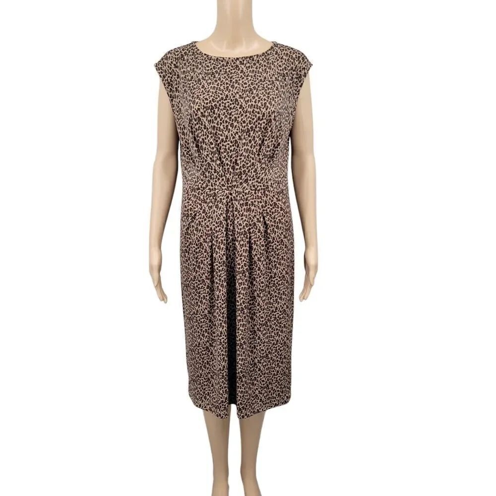 Talbots Leopard Print Sheath Midi Dress Cap Sleeves Pleated Front Women's
